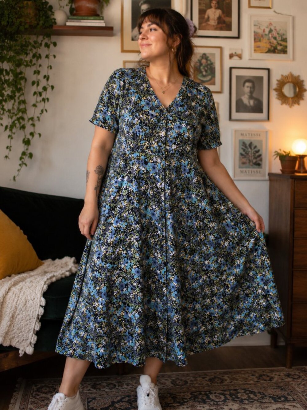 Émotions Vintage Floral Midi Dress Blue Green Tie Back Size L 90s‎ Cottagecore